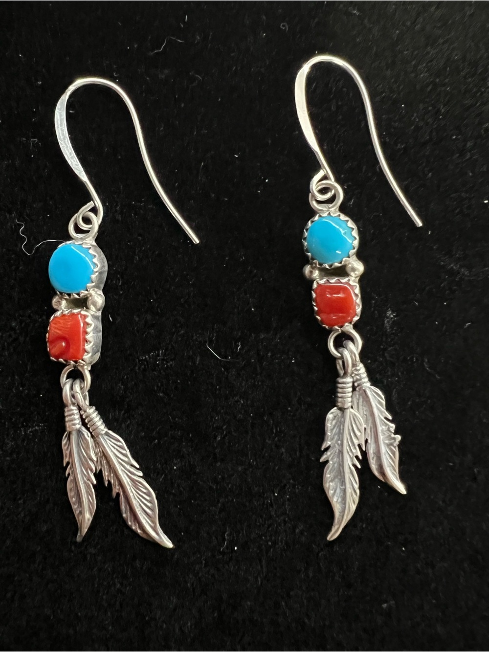 R BEGAY STERLING SILVER VINTAGE TURQUOISE AND CORAL FEATHER DANGLE EARRINGS